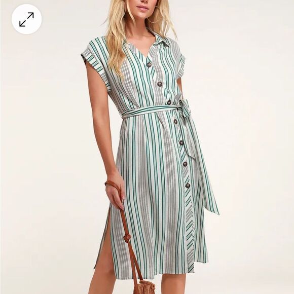 Lulus Back to Classics Green and White Striped Midi Shirt Dress Linen Blend S - Picture 1 of 14